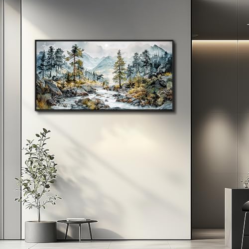 Large Wall Art For Bedroom Wall Decor For Living Room Office Decoration Rivulet View Painting Forest Tree Landscape Watercolour Pictures Canvas Artworks Home Decor Black Framed 24x48 In