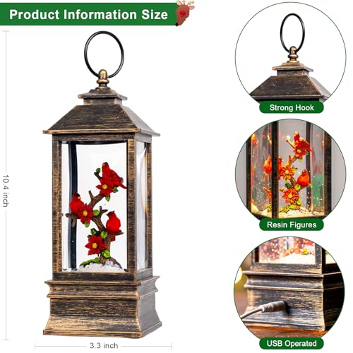 Christmas Snow Globe Lantern Indoor Decor Cardinal with Music