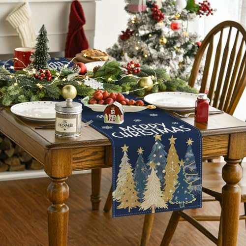 Blue Xmas Trees Table Runner Home Party Decor 13x72 Inch