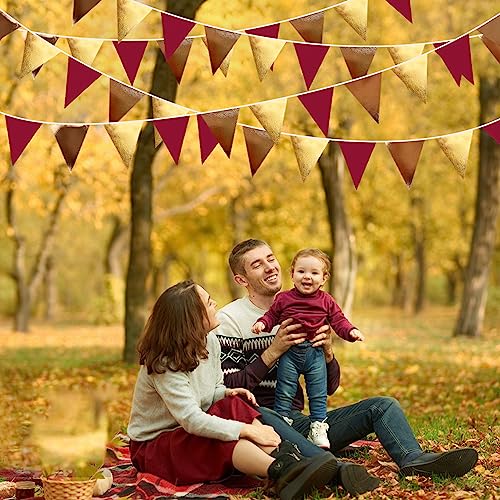 Fall Party Decorations Maroon Gold Brown Metallic Fabric Triangle Pennant Banner Burgundy Flag Bunting Garland for Autumn Thanksgiving Wedding Birthday Bridal Shower Engagement Graduation Garnet Party (36 Count)