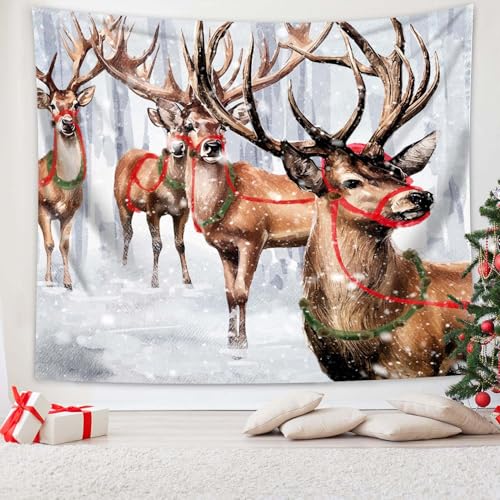 Winter Tapestry Wall Hanging Winter Forest Backdrop Christmas Snowy Deer Wall Decor Snow Elk Tapestries for Bedroom Living Room Dorm Party Decoration