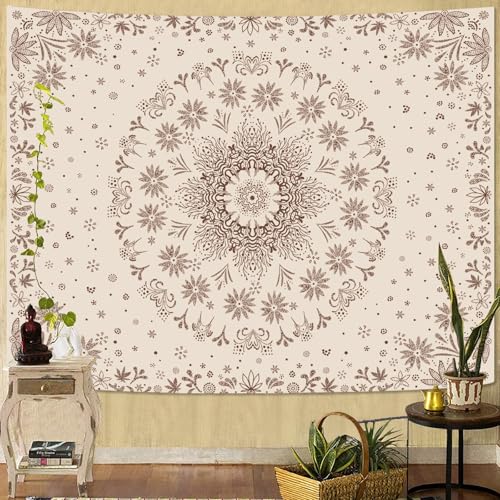 Boho Floral Mandala Tapestry Wall Hanging Bohemian Flower Medallion Tapestry Aesthetic Beige Brown Hippie Indian Small Tapestries for Bedroom Living Room Dorm Decor 60 x 44 Inch