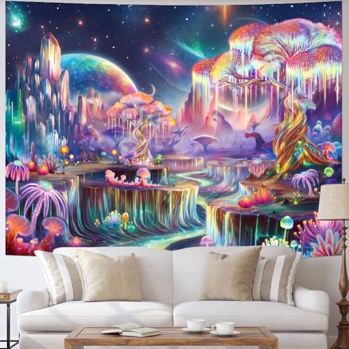 Blacklight Tapestry Fantasy Tree of Life Tapestry UV Reactive Galaxy Space Tapestries Colorful Plant Floral Mountain Landscape Tapestries Wall Hanging for Bedroom