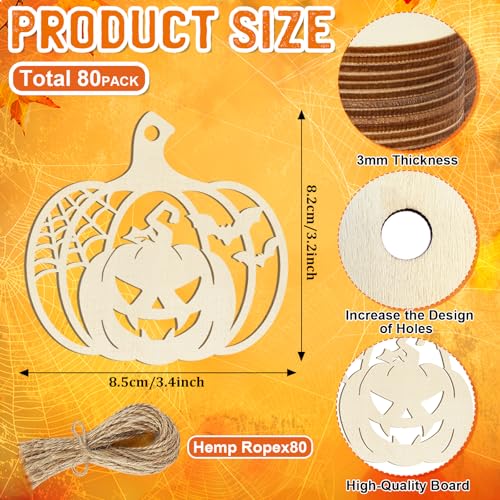 80PCS Wooden Halloween Decoration Pumpkins Ornaments to Paint Happy Halloween Cutouts Unfinished (80 Count)