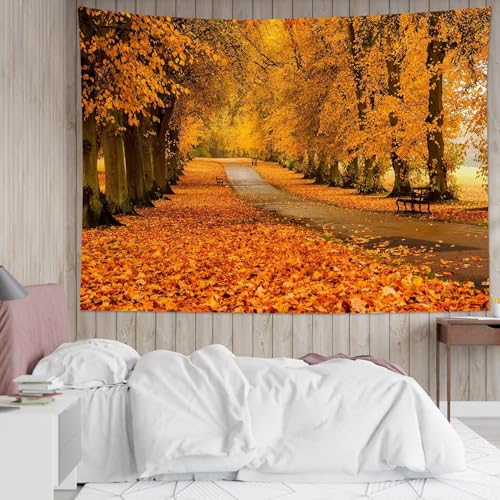 Fall Orange Forest Tapestry Nature Landscape Autumn Maple Tree with Vintage Road Wall Tapestry Modern Aesthetic Wall Art for Office Bedroom