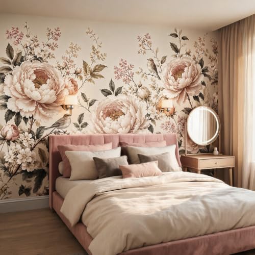 Retro Peony Floral Peel and Stick Wallpaper Mural for Bedroom