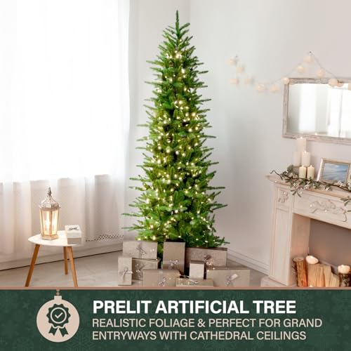 9 Ft. Carmel Pine Slim Artificial Christmas Tree with Warm White LED Lights and Stand