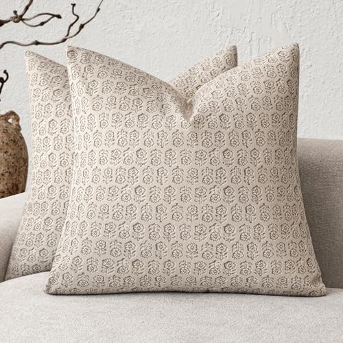 Decorative Floral Print Throw Pillow Covers 18×18 Ivory Beige (2 Count)