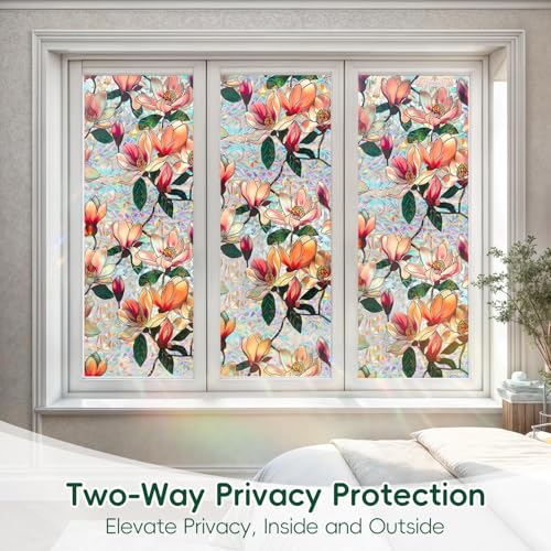 Window Privacy Film Decorative Stained Glass Window Film Rainbow Magnolia Floral Static Cling Non