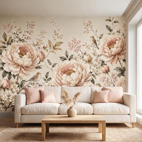 Retro Peony Floral Peel and Stick Wallpaper Mural for Bedroom