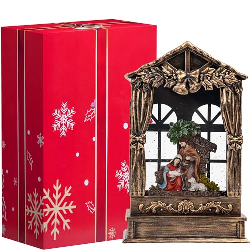 Christmas Snow Globe Swirling Glittering Holy Family Manger Scene