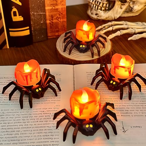 6 Pack Halloween Flameless Candles Battery Operated LED Spider Tealight Candles for Halloween Home Decorations (6 Count)