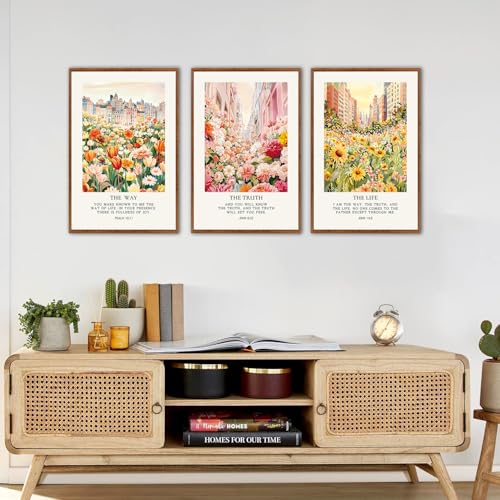 KAlRNE Christian Floral Framed Canvas Bible Verse Wall Art Set (3 Count)