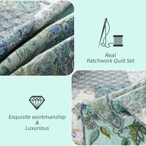3 Piece Quilt Set Queen Size Patchwork Paisley Turquoise Floral