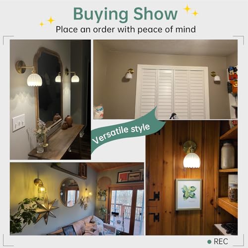 Vintage Wall Sconces with White Tulip Glass Lampshade 180 Degree Adjustable Brass Sconces Hradwired Modern Wall Lighting Fixture with Switch for Bedside Bedroom Doorway