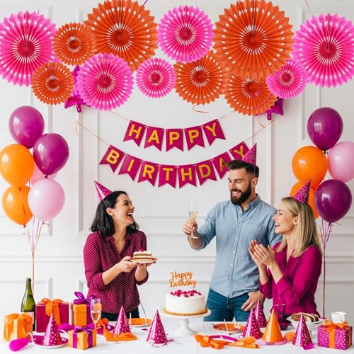 Honeycomb Round Paper Fans Pink Orange Hanging Party Decoration (12 Count)