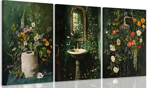 3Pcs Framed Vintage Dark Green Bathroom Wall Art Shower Toilet Paper Roll Floral Poster Print Modern Farmhouse plants Painting Picture Wall Decor For Bathroom Living Room Decoration (3 Count)