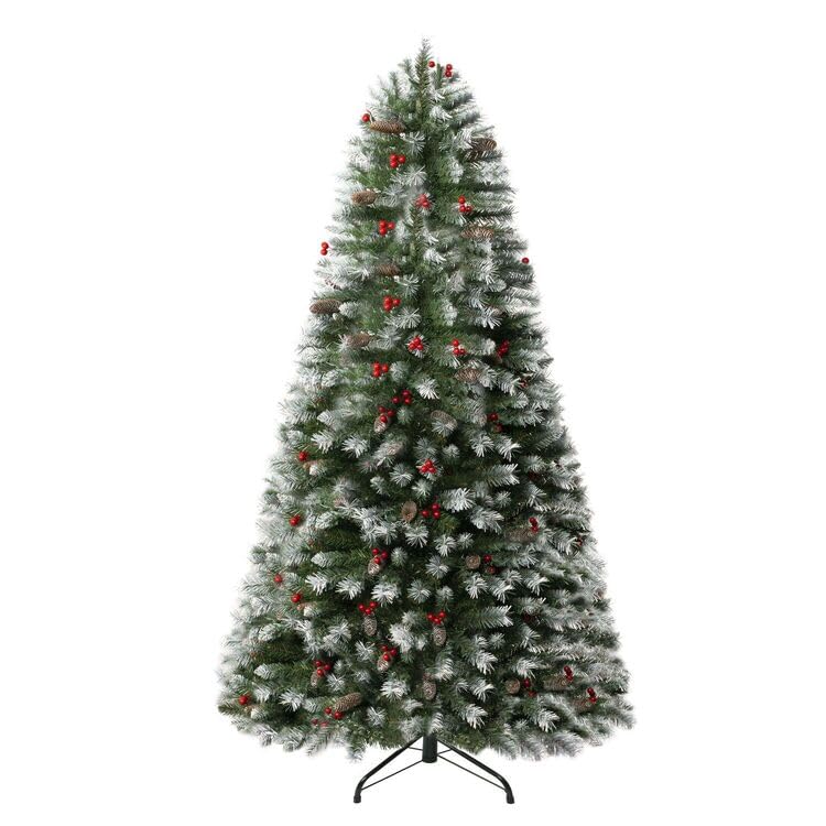 7 5ft Snow Flocked Christmas Tree with Lights Realistic Spruce Christmas Tree with Pine Cones Berries Foot Pedal 1346 Branch Tips 550 Warm Lights and Metal Stand Pre Lit Xmas