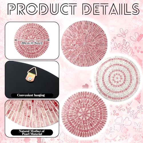 3 Pcs 11.8 Inches Modern Pink Mother of Pearl Shell Plate Preppy Coastal Pink Wall Art Mosaic Wall Sculpture Shell Handmade Hanging Plates Arts for Bedroom Bathroom Home Office Hotel (3 Count)