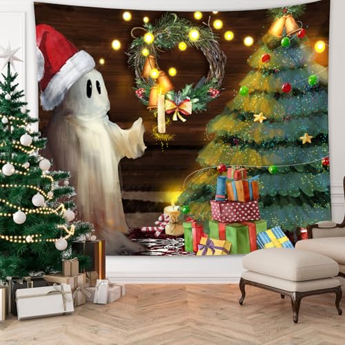 Christmas Tapestry Wall Hanging Christmas Tree Backdrop Cute Ghost Wall Decor Xmas Holiday Tapestries for Kids Bedroom Living Room Dorm Party Decoration