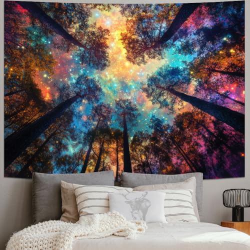 Colorful Forest Tapestry Nature Landscape Tapestry Mysterious Sky Tapestries Psychedelic Aesthetic Starry Night Tapestries Trippy Galaxy Space Wall Hanging Decor for Home