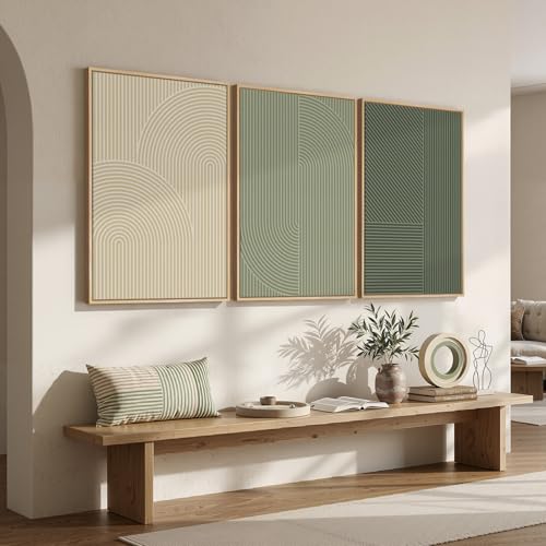 Large Framed Green Neutral Beige Abstract Wall Art for Living Room (3 Count)