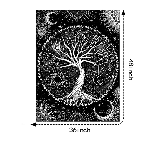 Tree of Life Tapestry Black and White Tapestry Mystical Sun and Moon Tapestries for Bedroom and Living Room Decor Black Tree 36×48 Inches