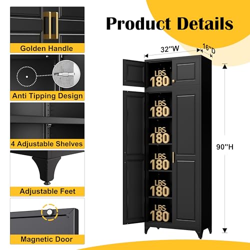 90”Metal Pantry Storage Cabinet with Doors & 4 Adjustable Shelves