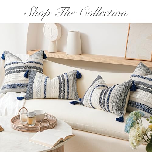 Navy Dark Blue Boho Throw Pillow Cover 22x22 Grey Decorative Accent Pillow for Couch Square Woven Textured Pillowcase Modern Boho Pillow for Bed
