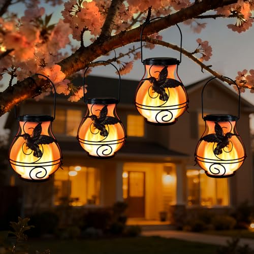 4 Pack Solar Lanterns Outdoor Waterproof Flickering Flame Lights Hummingbird Metal Hanging Solar Lantern Patio Porch Garden Decoration (4 Count)