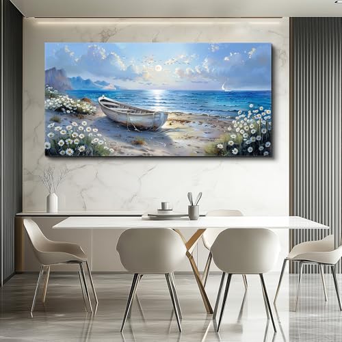 Wall Art For Living Room Canvas Wall Decor For Bedroom Office White Flower Seaside Landscape Painting Restaurant Decorations Printing Picture Artwork Ready To Hang Home Decoration 20"X40"