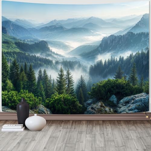 Nature Forest Mountain Tapestry Green Misty Pine Tree Tapestry for Bedroom Aesthetic Foggy Woodlands Sky Landscape Tapestries Wall Hanging for Living Room Dorm 80 x 60 Inch