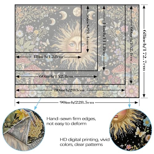 Boho Sun and Moon Tapestry Hippie Mushroom Floral Wall Tapestry for Bedroom Aesthetic Moon Phase Vintage Plant Celestial Small Tapestries Wall Hanging for Living Room Dorm 60 x 44 Inch
