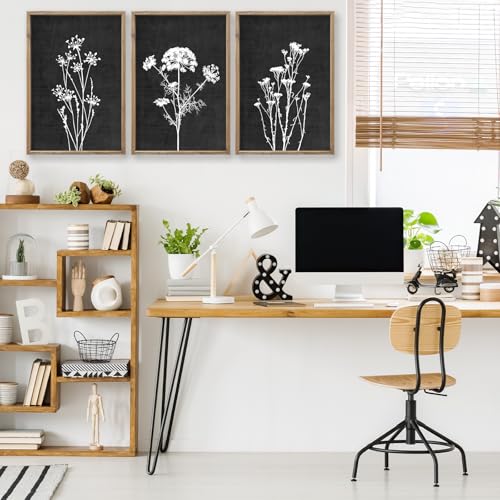 Flower Plant Wall Art Decor 24"x16" Set of 3 Black And White Wood Black (3 Count)