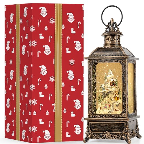 Christmas Village Buildings Snow Globe Lantern Water Glittering Snowman Family with Music & Timer