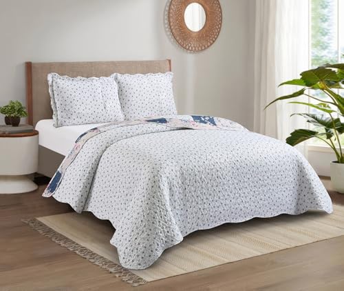 Pink Rose & Blue Toile Patchwork Quilt Set