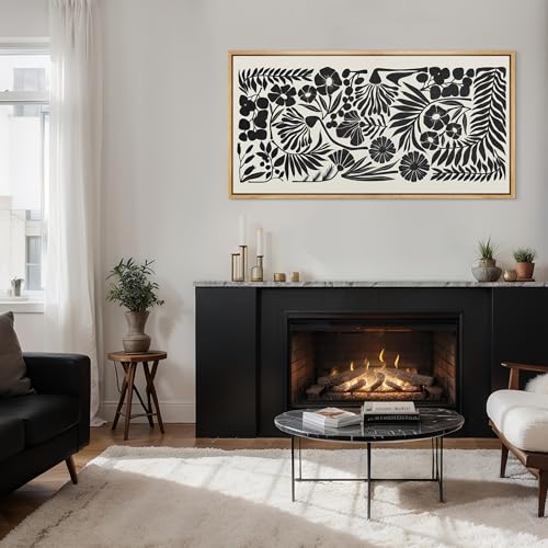 Extra Large Framed Canvas Print Wall Art Monochrome Botanicals Black and White Floral Illustrations Antique Retro Fine Art Illustrations Decorative Colorful for Bedroom