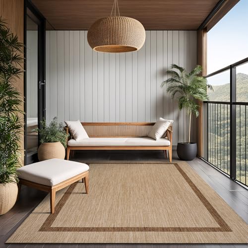 Bordered Outdoor Rug 5x7 Washable Outside Carpet for Indoor Patio Porch Waterproof Easy Cleaning Non Shedding Area Rugs Jute Beige