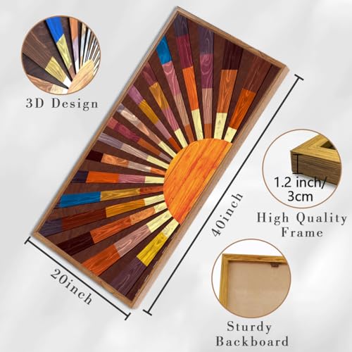 Extra Large Wood Sun Framed Wall Art 20x40 Inch Boho Sunrise 3D Geometric Wall Decor Mid century Sunshine Painting for Living room Bedroom Dining room Single