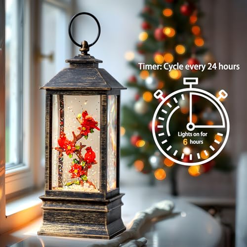 Christmas Snow Globe Lantern Indoor Decor Cardinal with Music