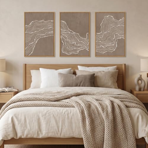 Abstract Neutral Wave Line Framed Canvas Wall Art Set