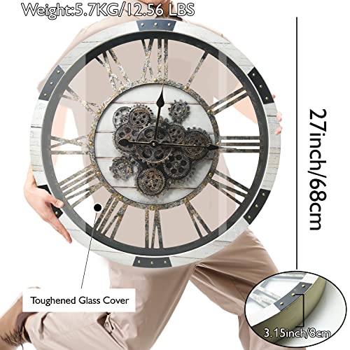 27" Large Real Moving Gears Wall Clock with Toughened Glass Cover Solid Wood Retro Metal Skeleton Oversized Vintage Steampunk Rustic Clock for Living Room Decor Home Farmhouse Kitchen