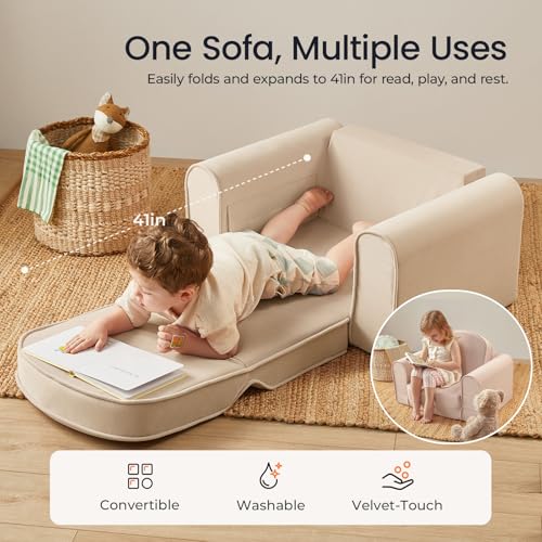 2-in-1 Foldable Kids Couch with Pocket Soft Thick Toddler Sofa