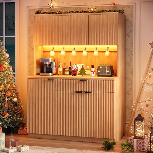 Fluted Kitchen Pantry Storage Cabinet with Charging Station & LED Lights