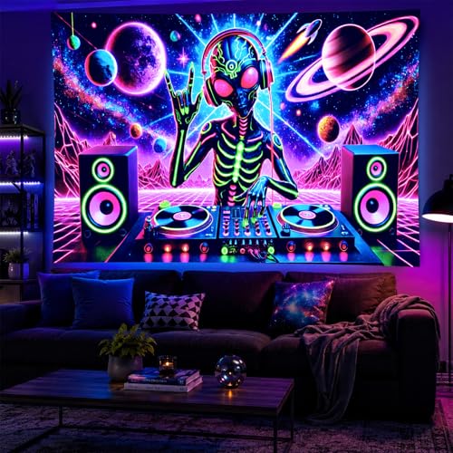Blacklight Tapestry Alien DJ Wall Hanging 78 x 59 Inch