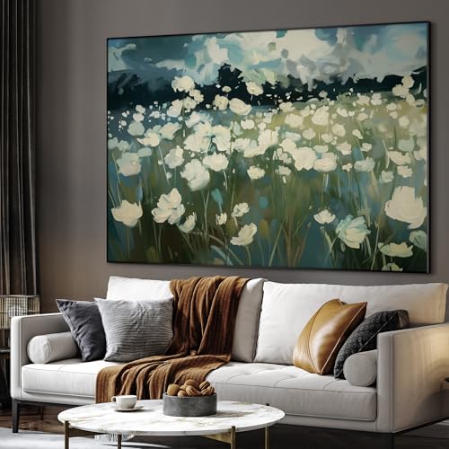 46"x60" Extra Large Framed Wall Art White Wildflower Field in Impressionist Style
