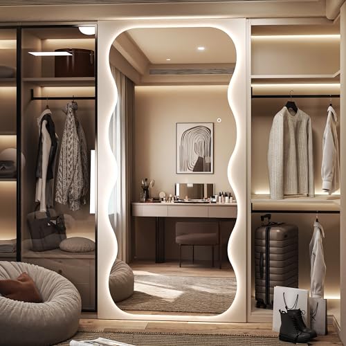 79"x35" Wavy Full Length Mirror with Lights Large Backlit Mirror