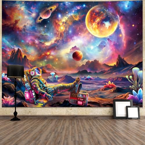 Blacklight Astronaut Tapestry UV Reactive Galaxy Space Tapestry Glow in The Dark Trippy Universe Planet Tapestries Neon Starry Sky Wall Hanging Decor for Home