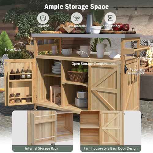 50.25" Outdoor Kitchen Island with Rolling Bar Cart & Storage Cabinet