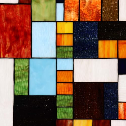 Geometric Color Block Tiffany Style Stained Glass Window Panel with Hanging Chain